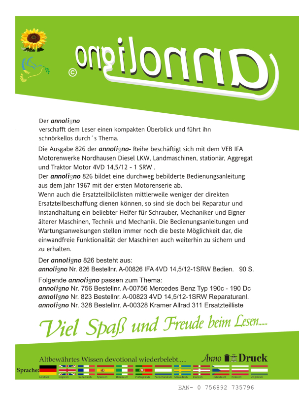 VEB IFA Motorenwerke Nordhausen Diesel LKW Landmaschinen, stationär, Aggregat und Traktor Motor Typ 4VD 14,5/12-1 SRW 1967 Bild Bedienungsanleitung & Wartungsanleitung - annoligno 826